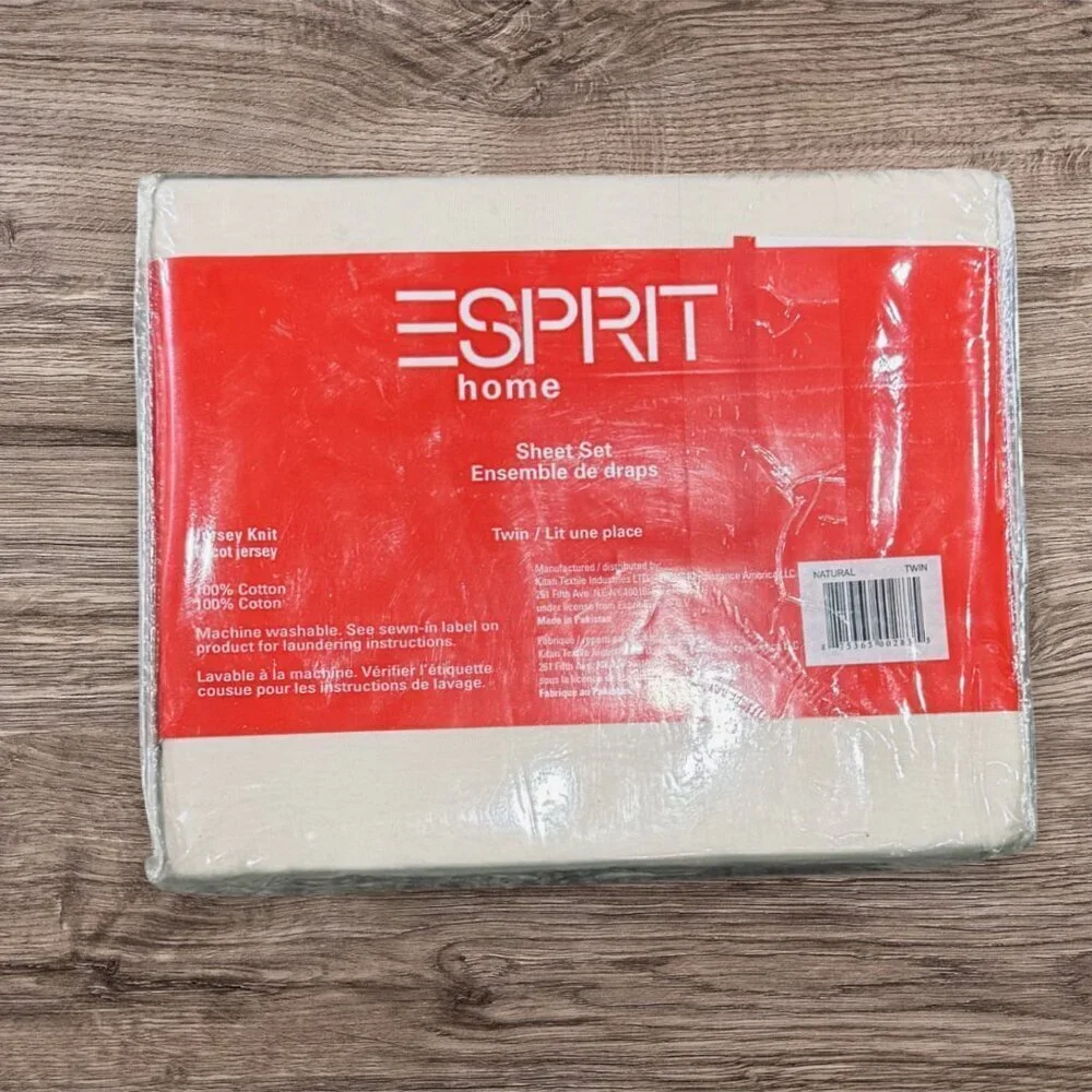NWT New ESPRIT Jersey Knit 3-PC Twin Sheet Set Tan Cream Flat Fitted Pillowcase
